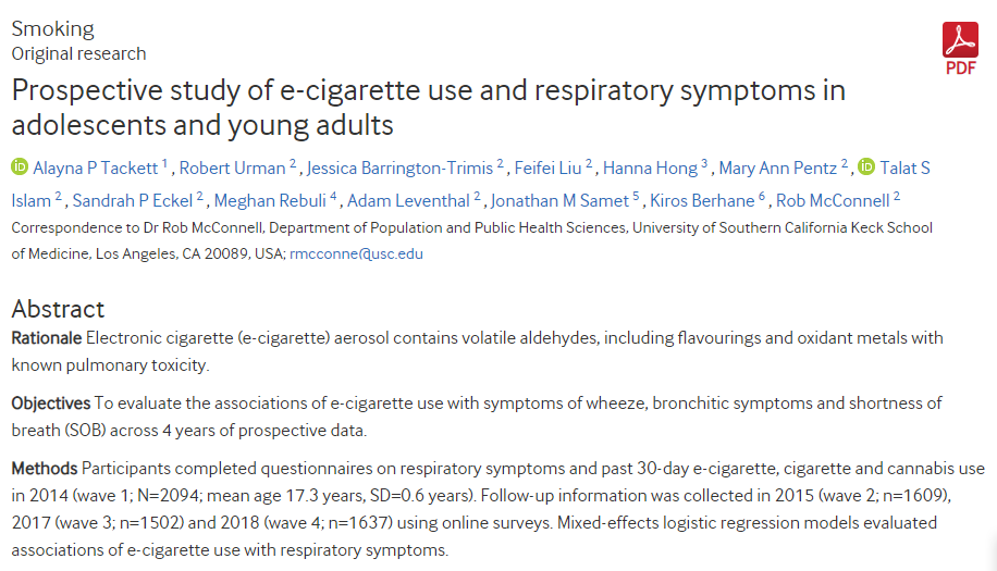 Prospective study of e-cigarette use and respiratory symptoms in adolescents and young adults