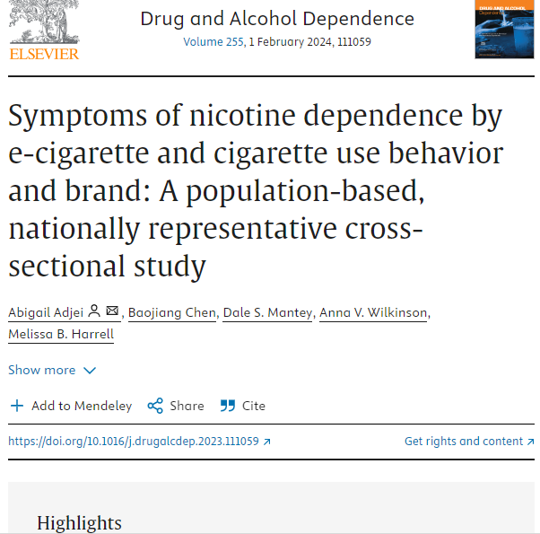 Symptoms of nicotine dependence by e-cigarette and cigarette use behavior and brand: A population-based, nationally representative cross-sectional study