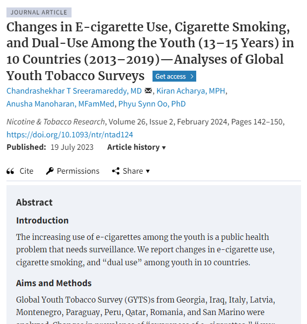 Changes in E-cigarette Use, Cigarette Smoking, and Dual-Use Among the Youth (13–15 Years) in 10 Countries (2013–2019)—Analyses of Global Youth Tobacco Surveys