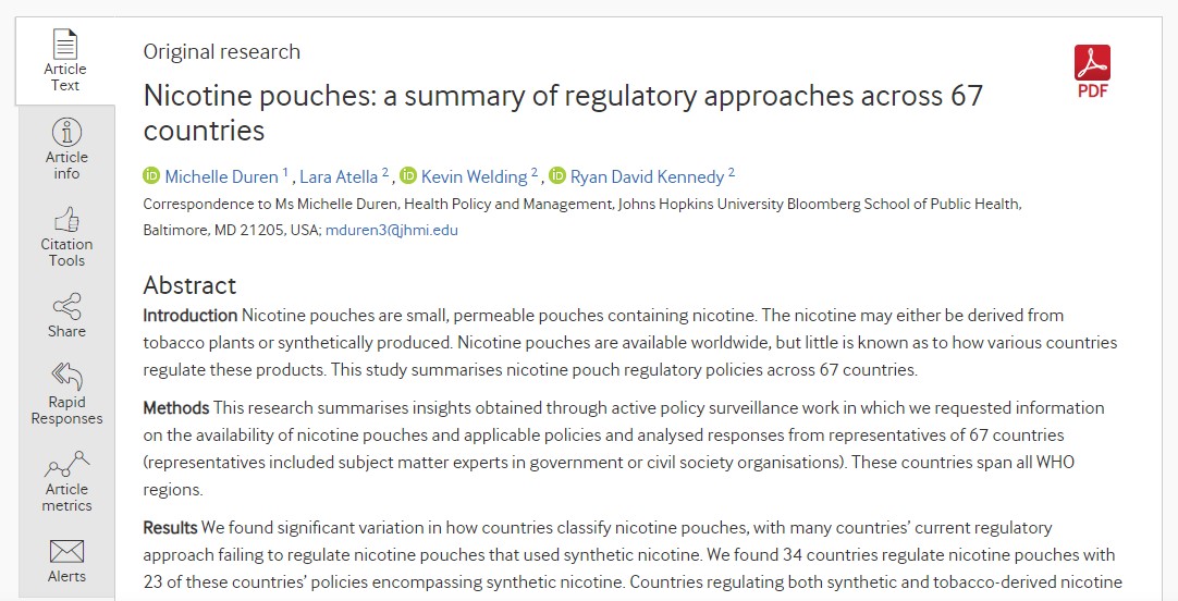 Nicotine pouches: a summary of regulatory approaches across 67 countries