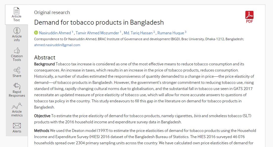 Demand for Tobacco Products in Bangladesh