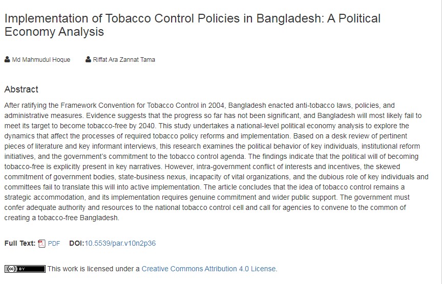 Implementation of Tobacco Control Policies in Bangladesh: A Political Economy Analysis