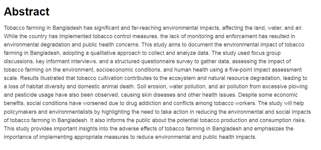Environmental impact assessment of tobacco farming in northern Bangladesh