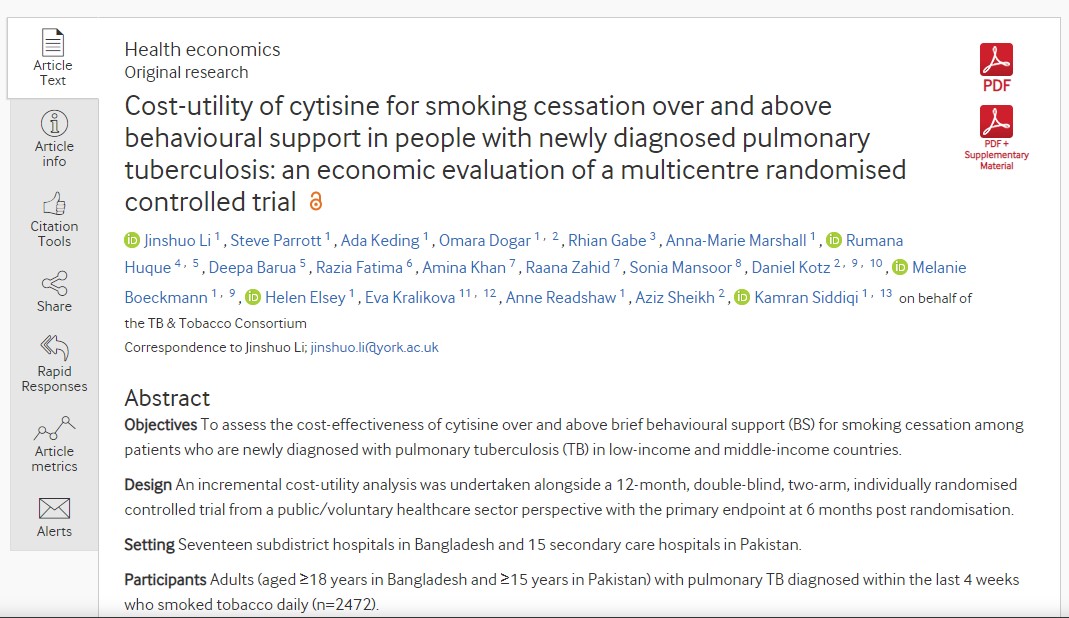 Cost-utility of cytisine for smoking cessation over and above behavioural support in people with newly diagnosed pulmonary tuberculosis: an economic evaluation of a multicentre randomised controlled trial