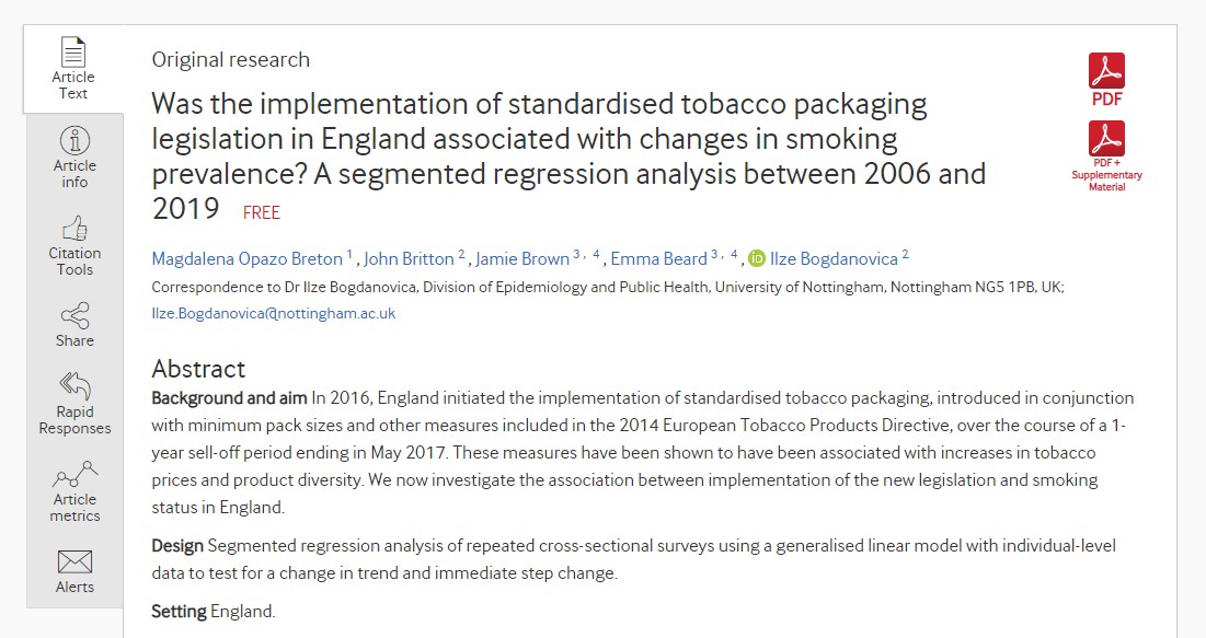 Was the implementation of standardized tobacco packaging legislation in England associated with changes in smoking prevalence? A segmented regression analysis between 2006 and 2019
