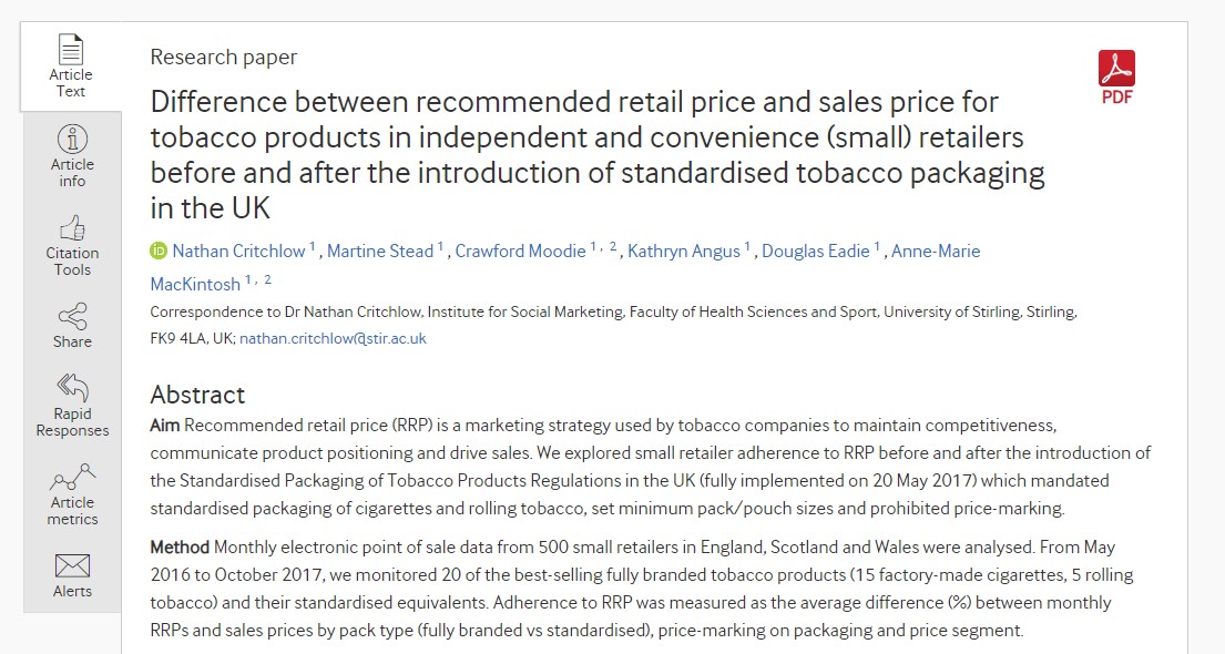 Difference between recommended retail price and sales price for tobacco products in independent and convenience (small) retailers before and after the introduction of standardised tobacco packaging in the UK