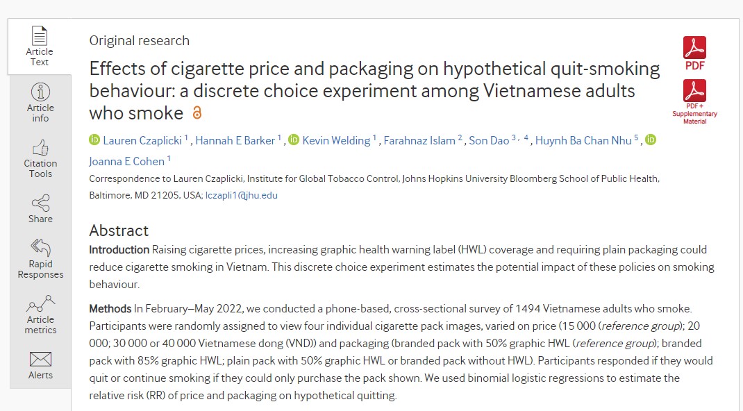 Effects of cigarette price and packaging on hypothetical quit-smoking behaviour: a discrete choice experiment among Vietnamese adults who smoke