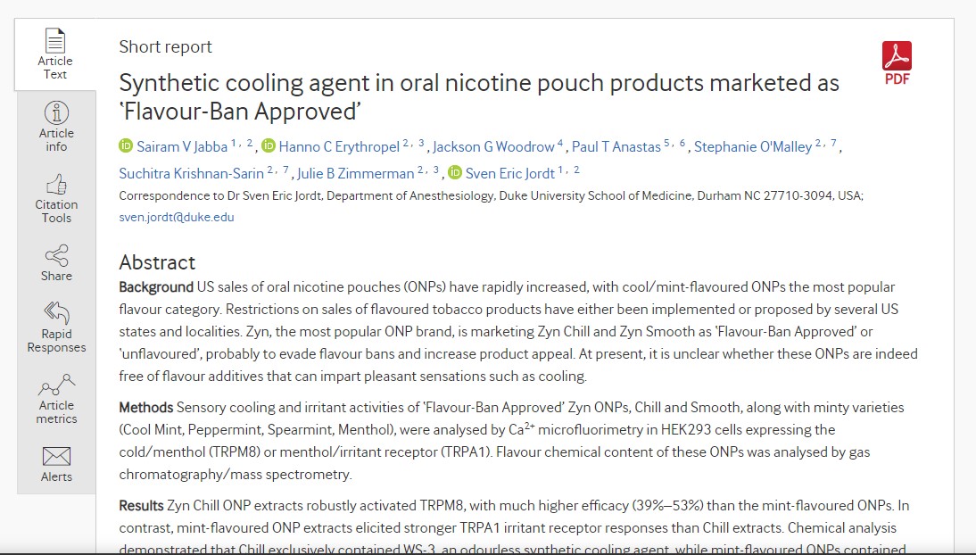 Synthetic cooling agent in oral nicotine pouch products marketed as ‘Flavour-Ban Approved’