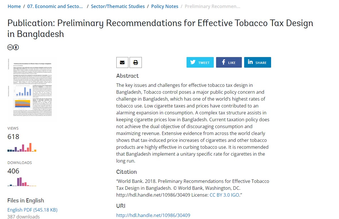 Preliminary Recommendations For Effective Tobacco Tax Design In Bangladesh