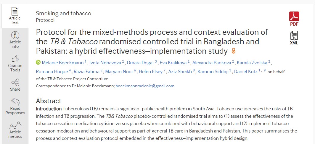 Protocol for the mixed-methods process and context evaluation of the TB & Tobacco randomised controlled trial in Bangladesh and Pakistan: a hybrid effectiveness–implementation study