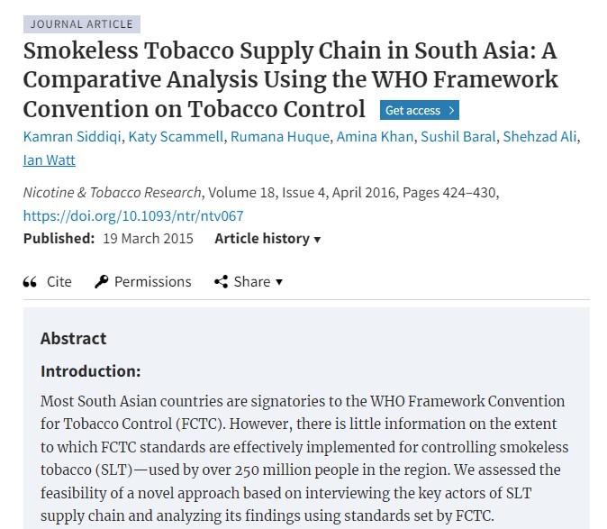 Smokeless Tobacco Supply Chain in South Asia: A Comparative Analysis Using the WHO Framework Convention on Tobacco Control