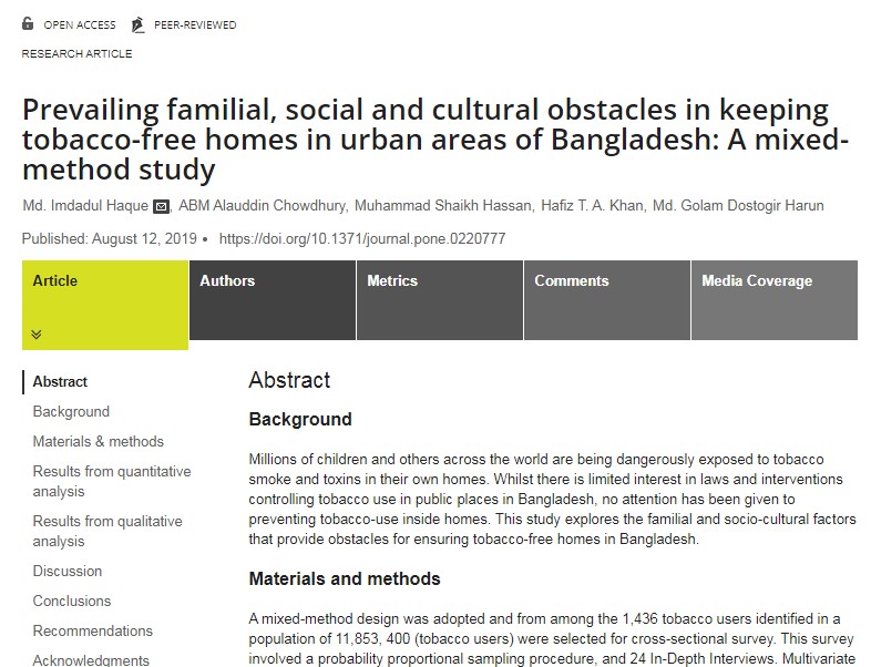 Prevailing Familial, Social and Cultural Obstacles in Keeping Tobacco-free Homes in Urban Areas of Bangladesh: A Mixed-Method Study