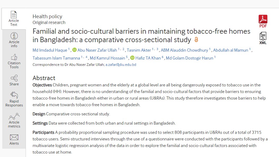 Familial and socio-cultural   barriers in maintaining tobacco-free homes in Bangladesh: a comparative cross-sectional   study