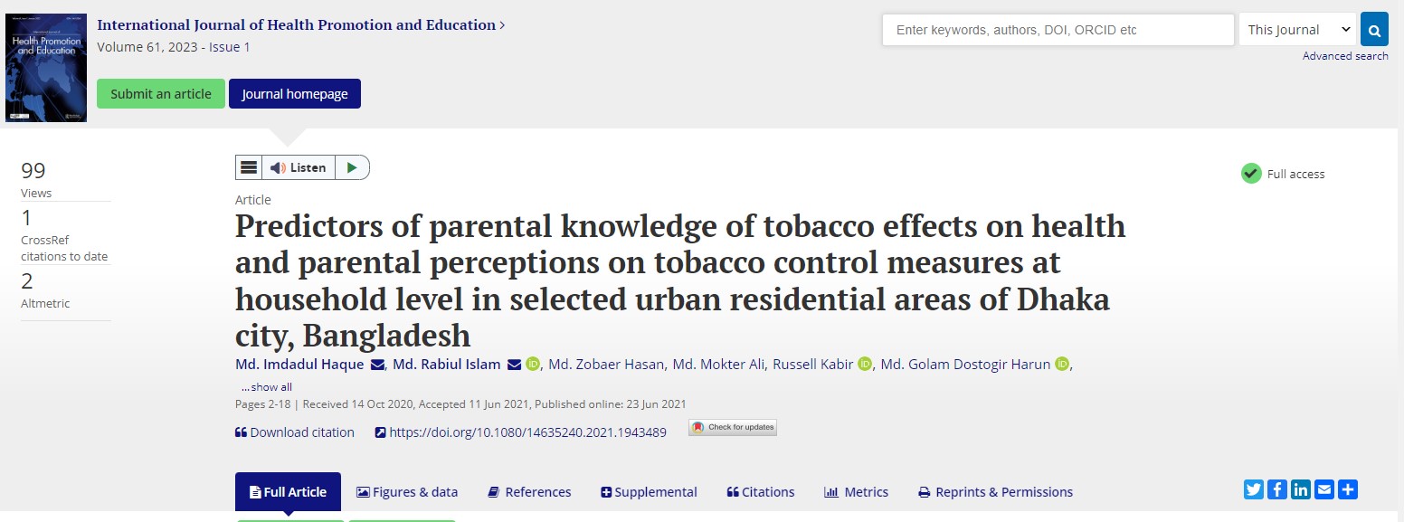 Predictors of parental knowledge of tobacco effects on health and parental perceptions on tobacco control measures at household level in selected urban residential areas of Dhaka city, Bangladesh
