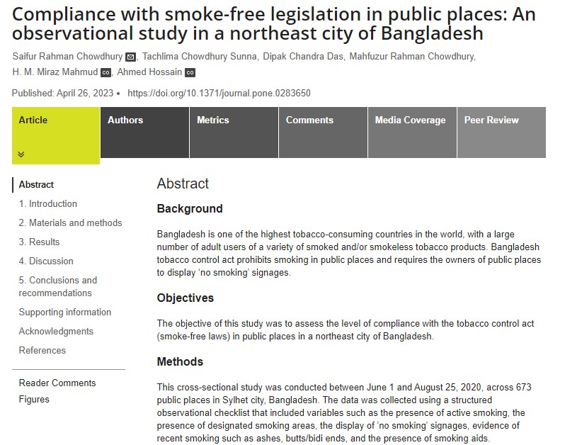 Compliance with smoke-free legislation in public places: An observational study in a northeast city of Bangladesh