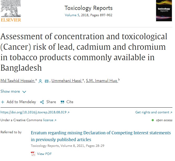 Assessment of concentration and toxicological (Cancer) risk of lead, cadmium and chromium in tobacco products commonly available in Bangladesh.