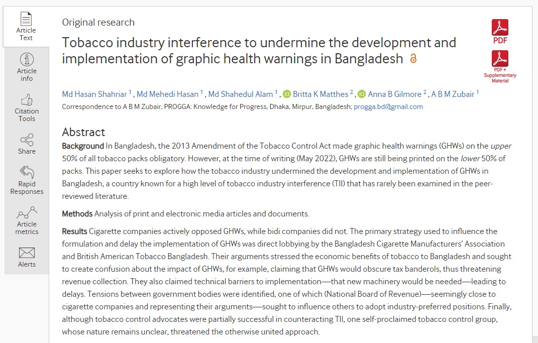 Tobacco industry interference to undermine the development and implementation of graphic health warnings in Bangladesh