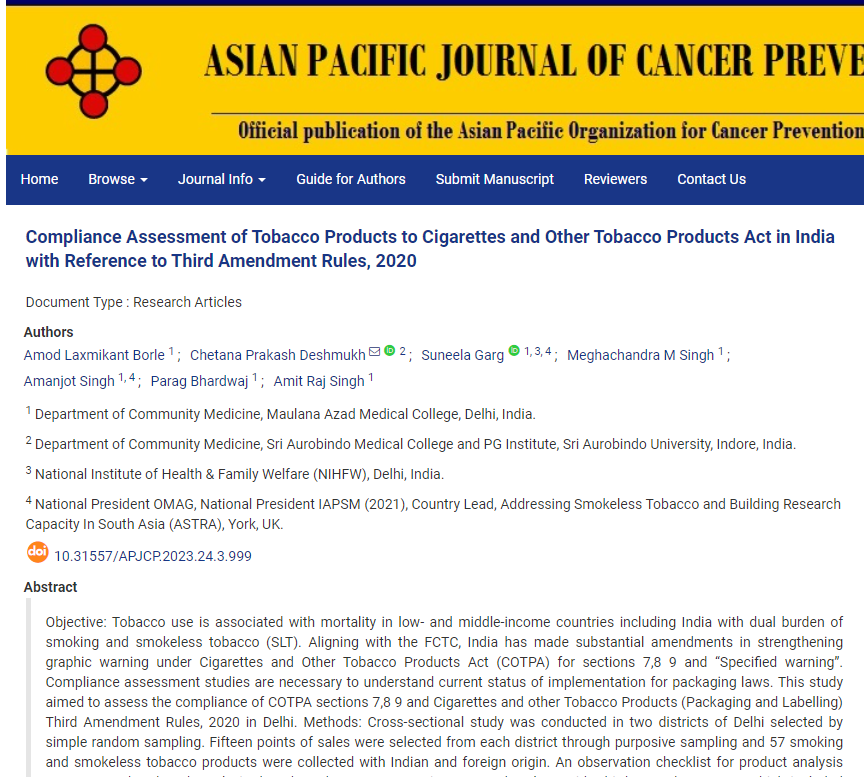 Compliance Assessment of Tobacco Products to Cigarettes and Other Tobacco Products Act in India with Reference to Third Amendment Rules, 2020
