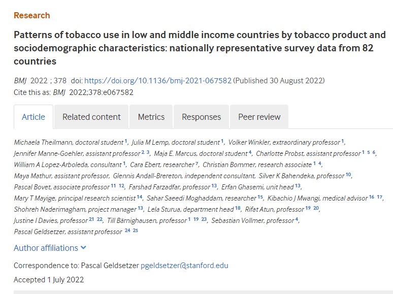 Patterns of tobacco use in low and middle income countries by tobacco product and sociodemographic characteristics: nationally representative survey data from 82 countries