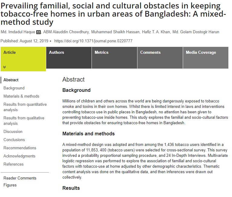 Prevailing familial, social and cultural obstacles in keeping tobacco-free homes in urban areas of Bangladesh: A mixed-method study