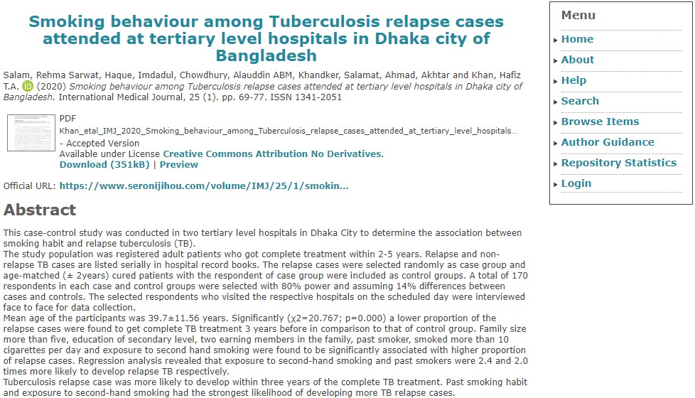 Smoking behaviour among Tuberculosis relapse cases attended at tertiary level hospitals in Dhaka city of Bangladesh