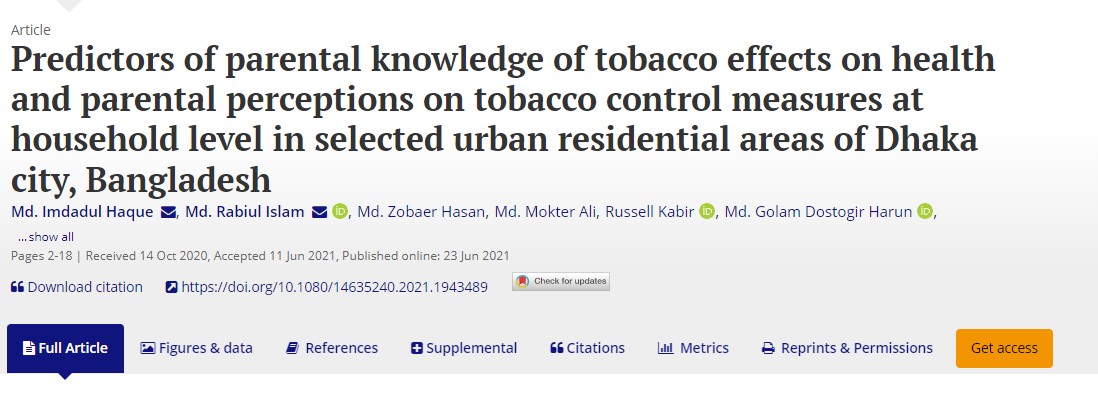 Predictors of parental knowledge of tobacco effects on health and parental perceptions on tobacco control measures at household level in selected urban residential areas of Dhaka city, Bangladesh