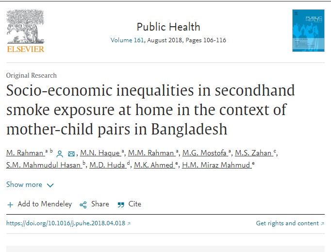 Socio-economic inequalities in secondhand smoke exposure at home in the context of mother-child pairs in Bangladesh.