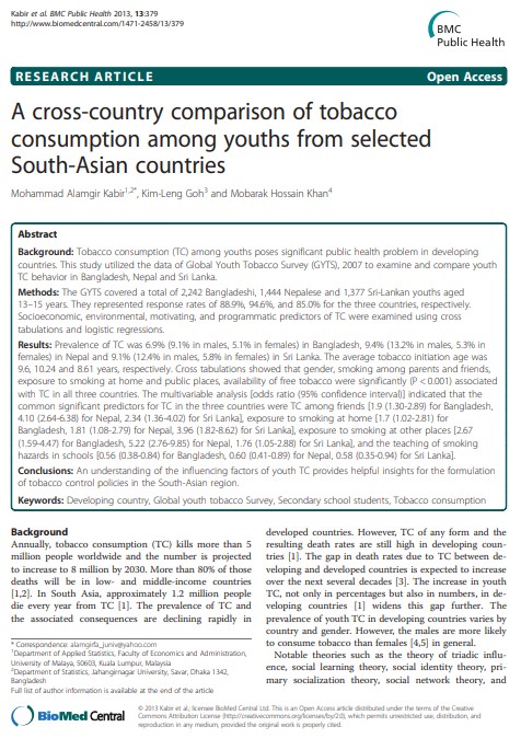 A cross-country comparison of tobacco consumption among youths from selected South-Asian countries