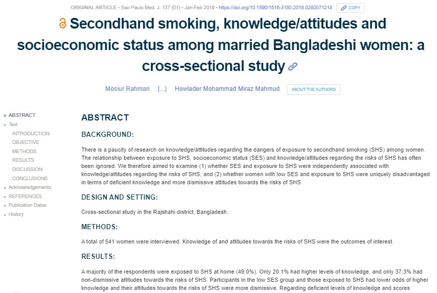 Second hand smoke, knowledge/attitude and socioeconomic status among married Bangladeshi women: a cross-sectional study.