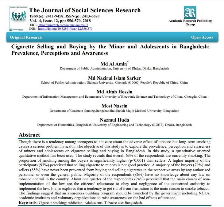 Cigarette Selling and Buying by the Minor and Adolescents in Bangladesh: Prevalence, Perceptions and Awareness.