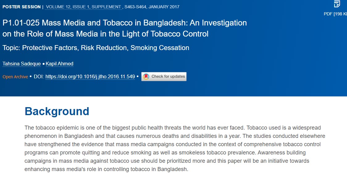 Mass Media and Tobacco in Bangladesh: An Investigation on the Role of Mass Media in the Light of Tobacco Control