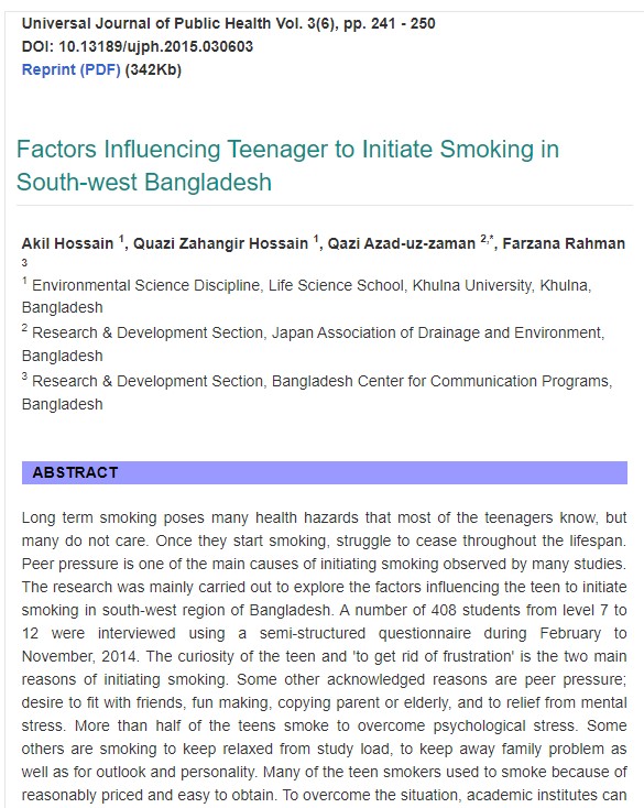 Factors Influencing Teenager to Initiate Smoking in South-west Bangladesh