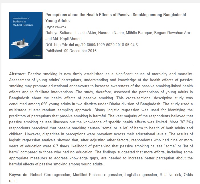 Perceptions about the Health Effects of Passive Smoking among Bangladeshi Young Adults