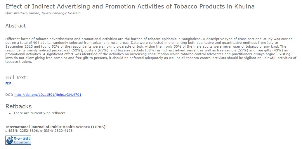 Effect of Indirect Tobacco Advertisement and Promotion Activities in Bangladesh