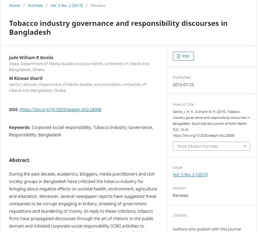 Tobacco industry governance and responsibility discourses in Bangladesh