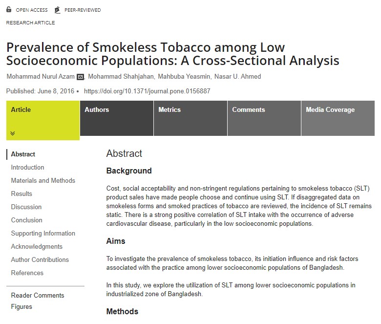 Prevalence of Smokeless Tobacco among Low Socioeconomic Populations: A Cross-Sectional Analysis