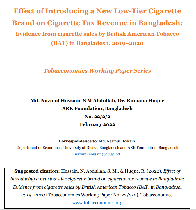Effect of Introducing a New Low-Tier Cigarette Brand on Cigarette Tax Revenue in Bangladesh: Evidence from cigarette sales by British American Tobacco (BAT) in Bangladesh, 2019–2020
